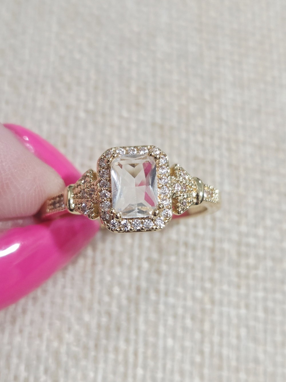 Gold Halo Emerald-Cut Clear Stone Ring - Women Jewelry~ Size 9.5